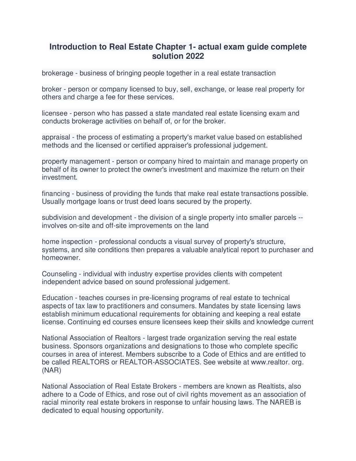 Preview image for Introduction to Real Estate Chapter 1- actual exam guide complete  solution 2022